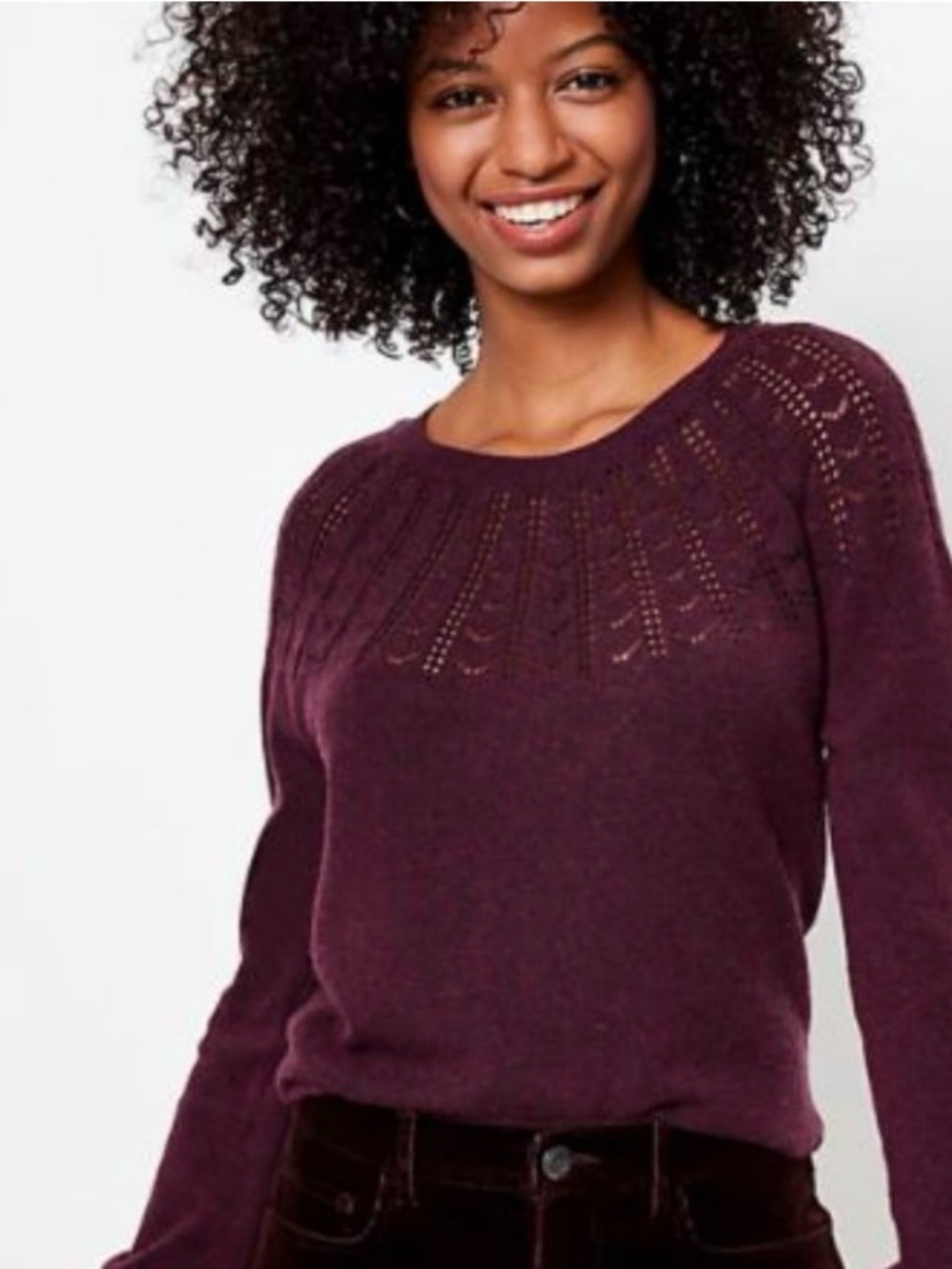 Loft Pointelle Lace Yoke Knit Sweater Plum Burgundy Women’s Medium NWT